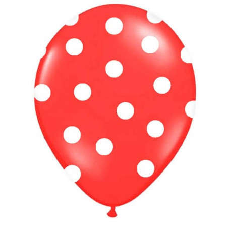 6 balões vermelhos com bolinhas brancas - 30 cm