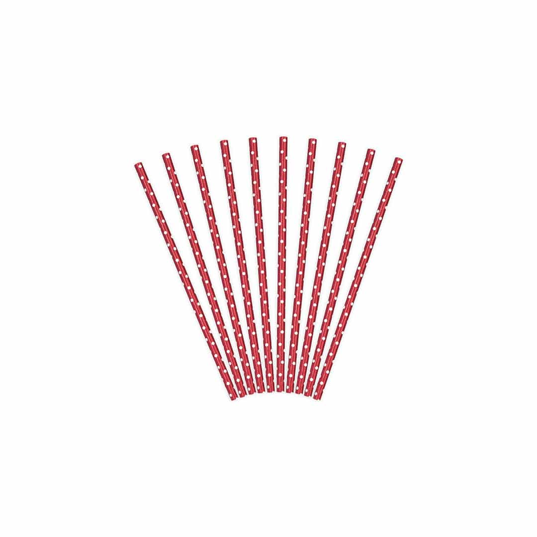 10 canudos vermelhos com bolinhas brancas