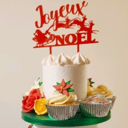 Topo de bolo vermelho com a mensagem "Feliz Natal" com o trenó do Papai Noel e renas para decoração de bolos.