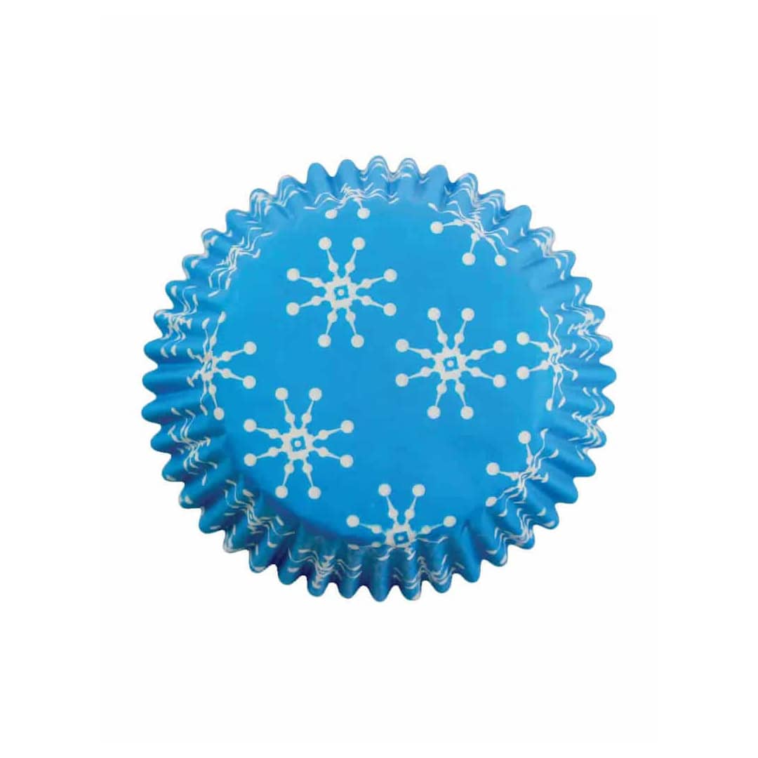 Forminhas de papel azuis para mini muffins com estampa de floco de neve