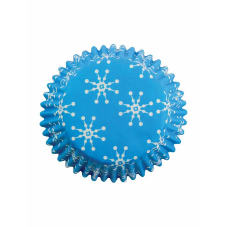Forminhas de papel azuis para mini muffins com estampa de floco de neve