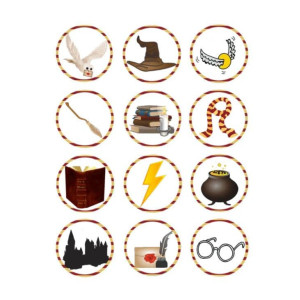 Discos de açúcar com tema de escola de magia para decorar biscoitos