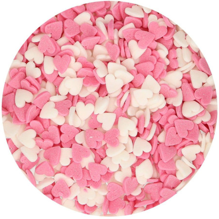 confeitos em formato de coração rosa e branco