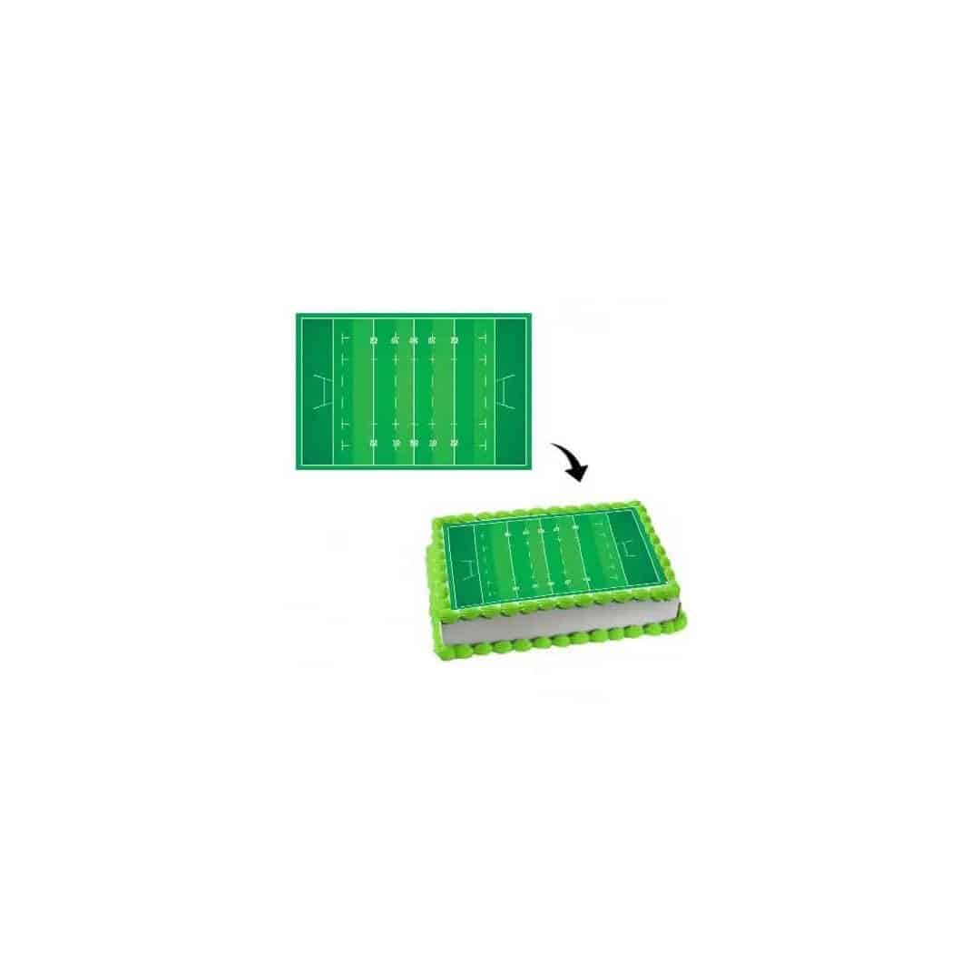 decoração de bolo de campo de rugby com folha de açúcar