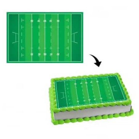 decoração de bolo de campo de rugby com folha de açúcar