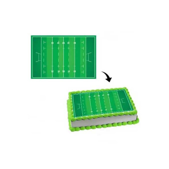 decoração de bolo de campo de rugby com folha de açúcar