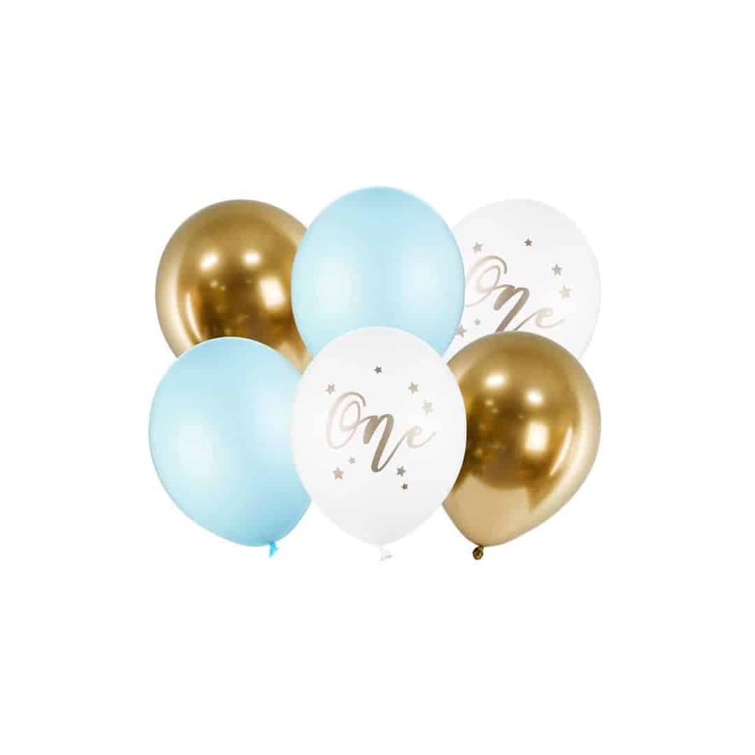 6 balões-1 ano-azul-pastel-branco-dourado