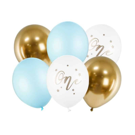 6 balões-1 ano-azul-pastel-branco-dourado