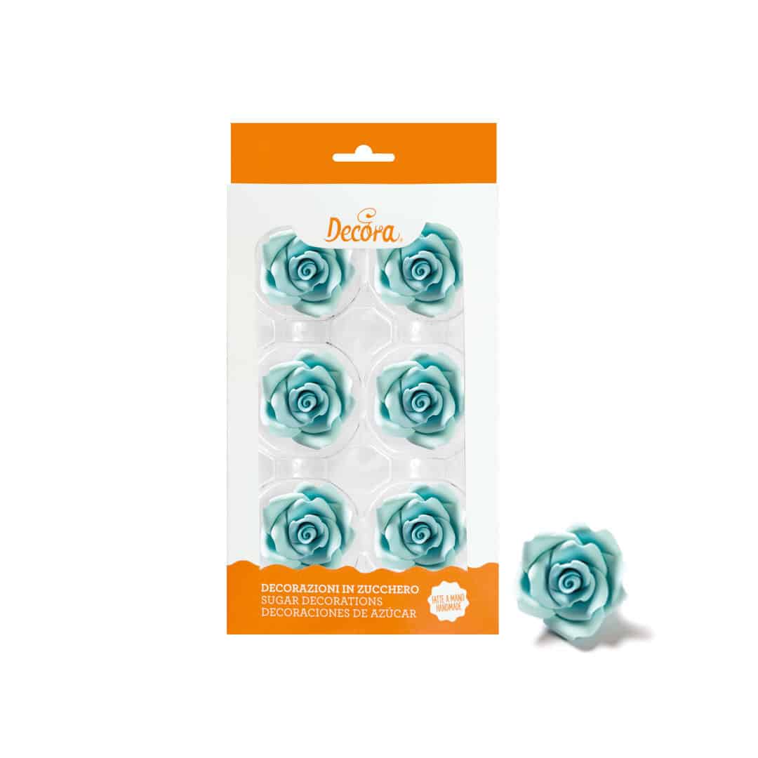 Design de bolo azul com 6 rosas de açúcar