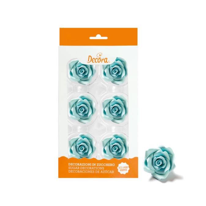 Design de bolo azul com 6 rosas de açúcar