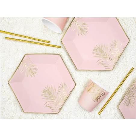 ideia de decoração de mesa rosa claro e dourado