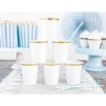 copos de papelão branco com bordas douradas