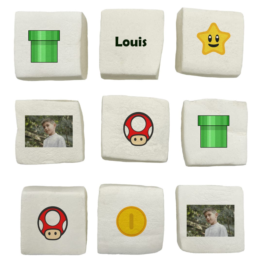 marshmallows personalizados de videogame em formato de cogumelo