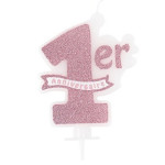 Vela de glitter rosa para 1º aniversário