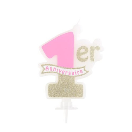Vela de aniversário de 1 ano rosa e dourada