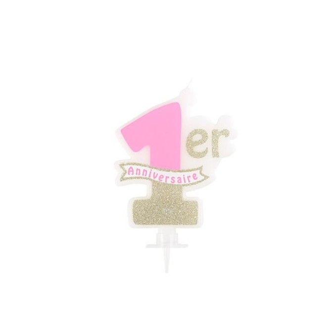 Vela de aniversário de 1 ano rosa e dourada