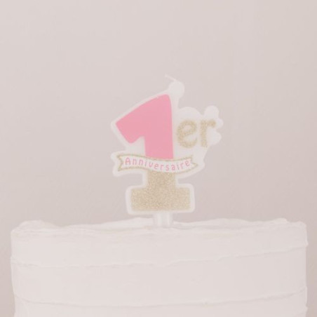 Vela de aniversário de 1 ano rosa e dourada