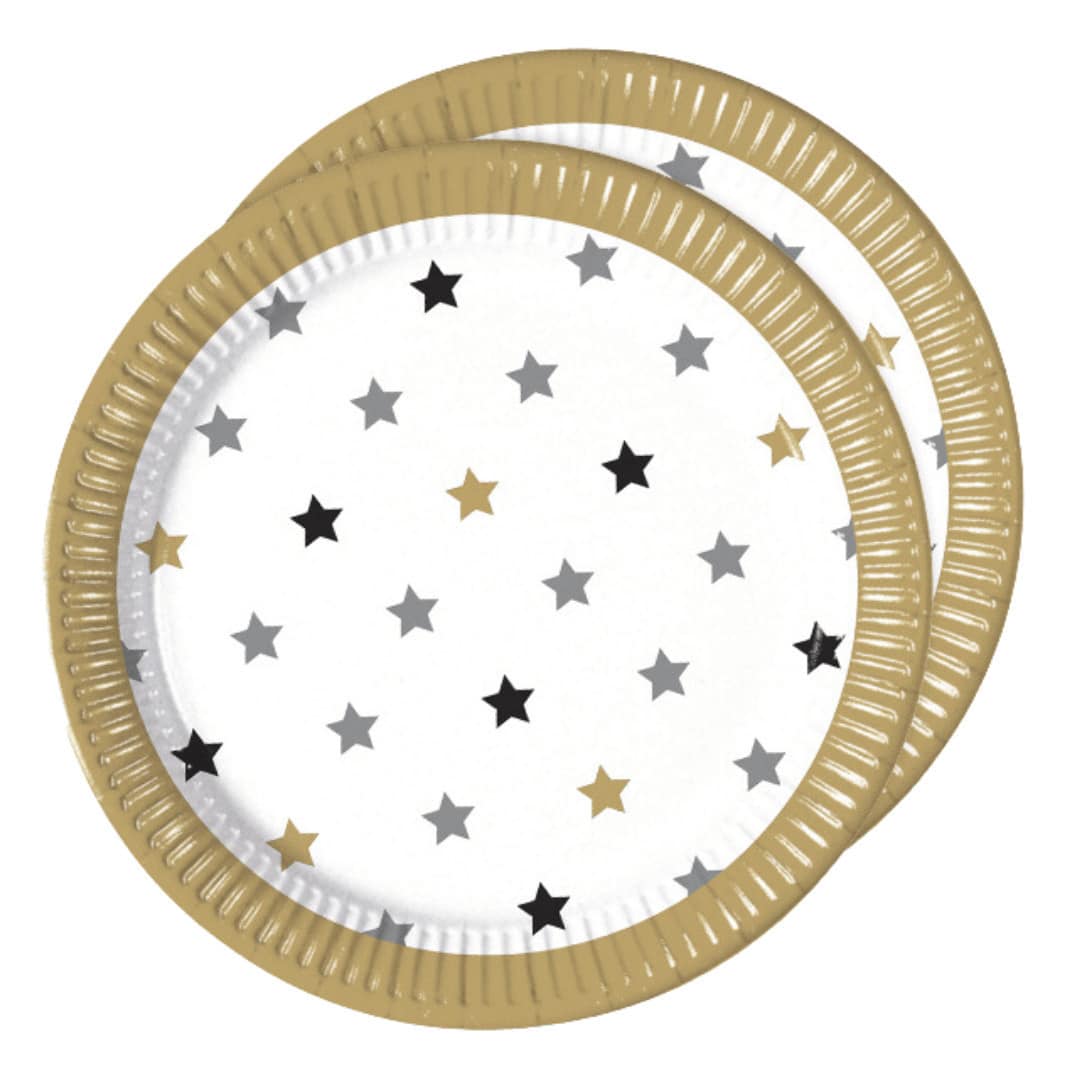 8 pratos de aniversário com estrelas douradas