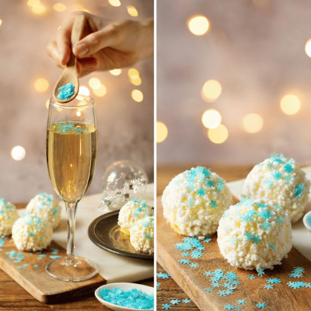 Use decorações de flocos de neve comestíveis azuis
