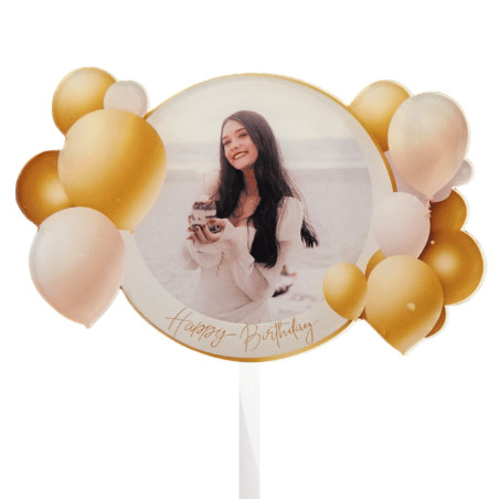 Topo de bolo de balão de aniversário dourado