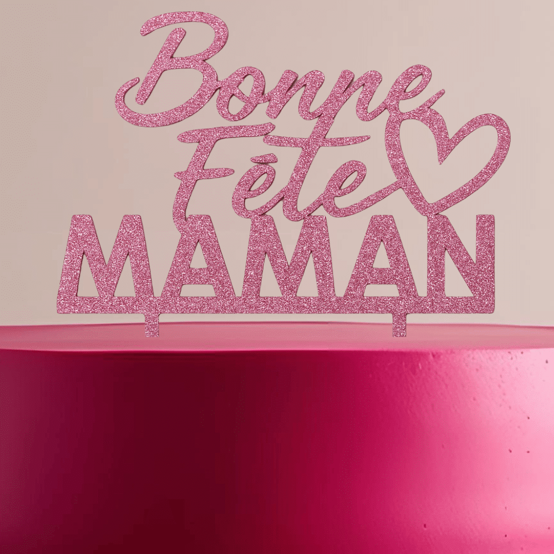 topo de bolo de dia das mães com glitter rosa