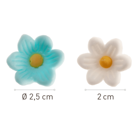 dimensões Flores de açúcar azuis e brancas