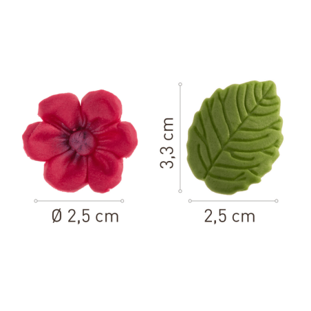 dimensões Flores e folhas de fúcsia em açúcar