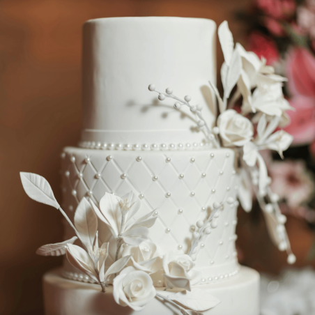 flores de pasta de açúcar no bolo de casamento