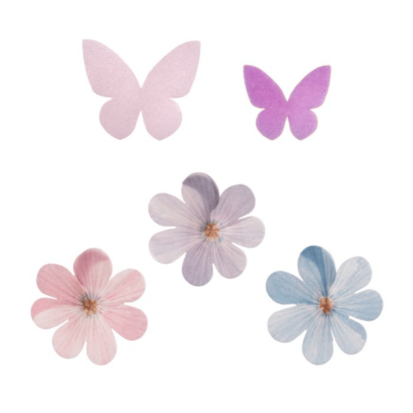 Decorações comestíveis de flores e borboletas