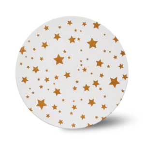 Base redonda para bolo, 25 cm, branca, com estampa de estrelas douradas.