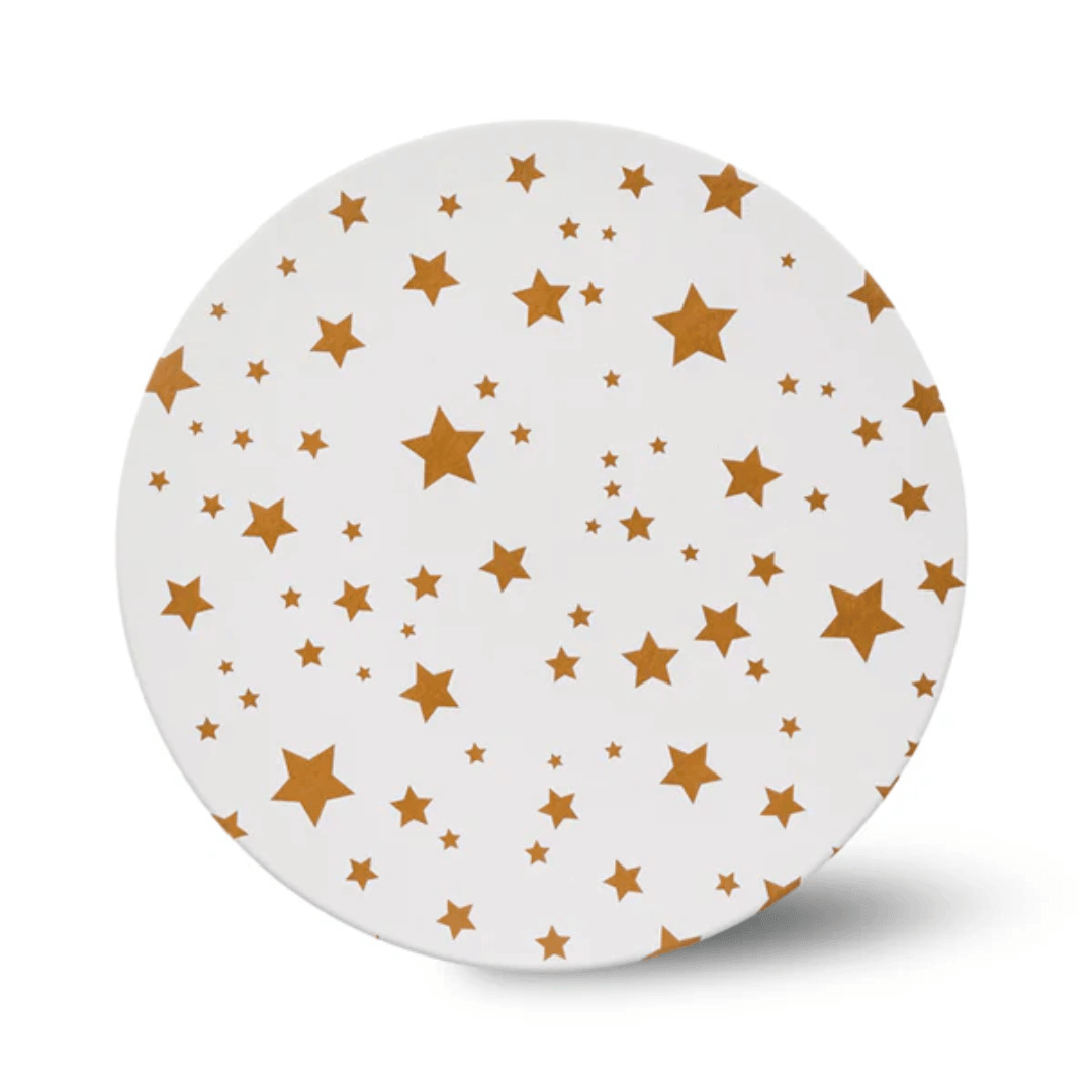 Base redonda para bolo, 25 cm, branca, com estampa de estrelas douradas.