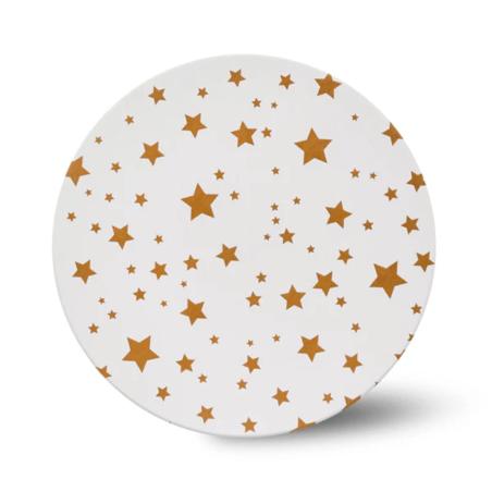 Base redonda para bolo, 25 cm, branca, com estampa de estrelas douradas.