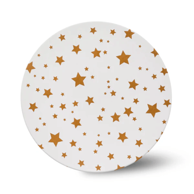 Base redonda para bolo, 25 cm, branca, com estampa de estrelas douradas.