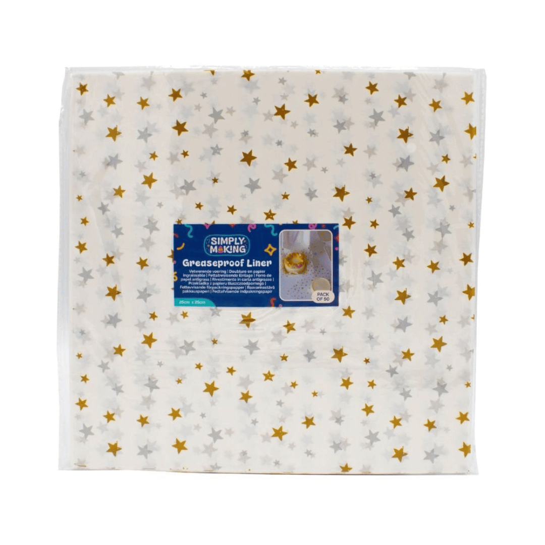 50 folhas de papel manteiga para bolos bento com estampa de estrelas douradas e prateadas