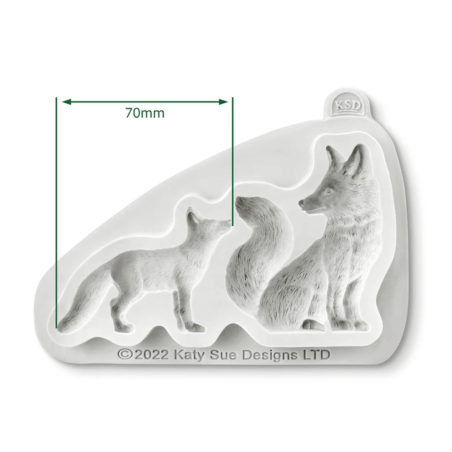 Dimensões de um molde de silicone para modelagem de uma raposa e seu filhote.
