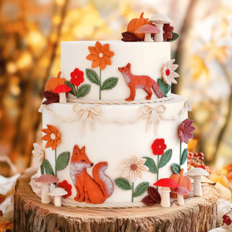 Decoração de bolo com tema de animais da floresta: raposas
