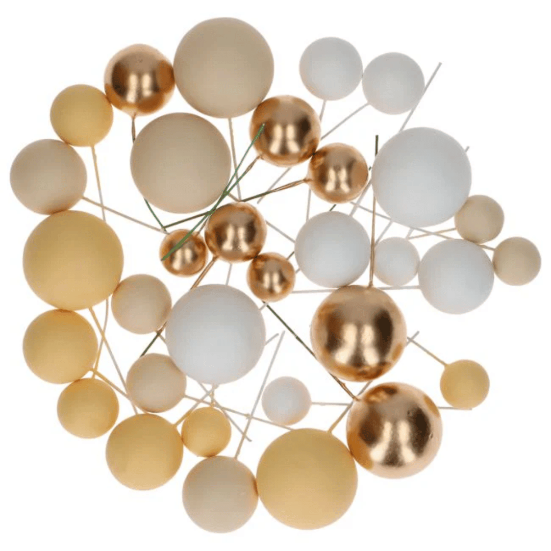 32 bolas decorativas para bolo amarelas, brancas e douradas