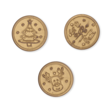 3 cortadores de biscoito para decorar biscoitos de Natal: rena, magia natalina e árvore de Natal.