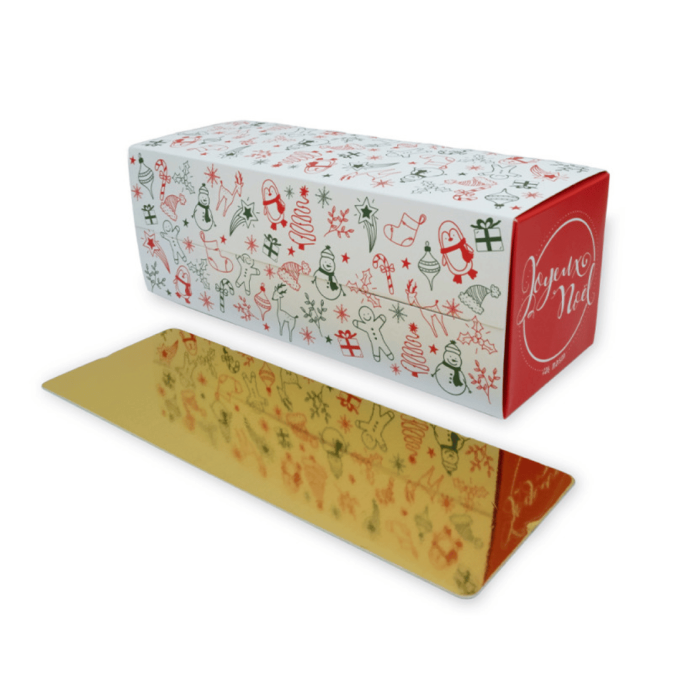 Caixa rígida de papelão para lenha com base dourada.