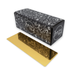 Caixa de madeira rígida preta com base dourada.
