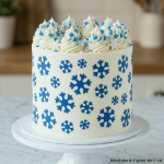 Bolo de Natal decorado com um estêncil de floco de neve da Sweet Stamp.