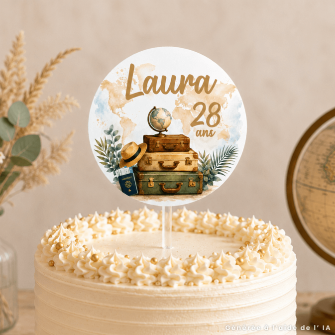 Topo de bolo personalizável com tema de viagem