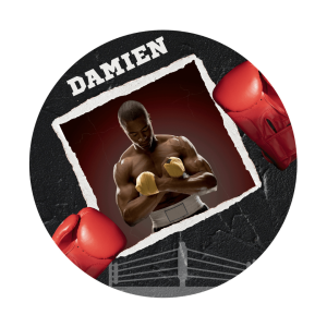 Foto redonda comestível de 20 cm estilo boxe, personalizável.