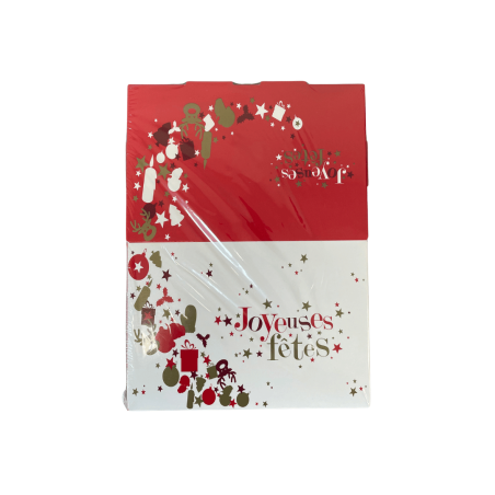 6 mini caixas de lenha natalinas em papelão vermelho e branco com a inscrição "Boas Festas"