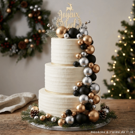 Ideia de decoração de bolo de Natal com enfeites dourados, prateados e pretos.