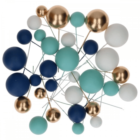 Bolas decorativas para bolo nas cores azul, branco e dourado.