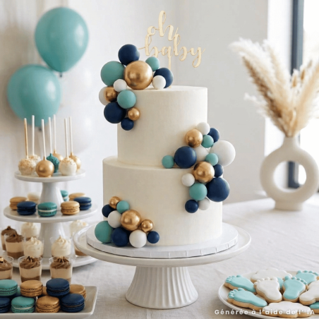 Bolo de chá de bebê decorado com enfeites.