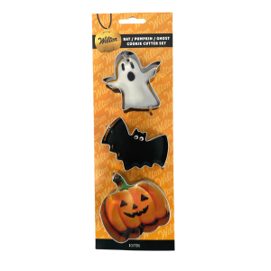 3 cortadores de biscoito de Halloween: abóbora, fantasma e morcego.