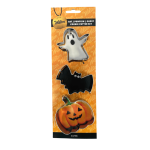 3 cortadores de biscoito de Halloween: abóbora, fantasma e morcego.
