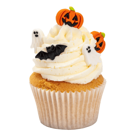 Decorações de açúcar em formato de abóbora e fantasma para cupcakes de Halloween.